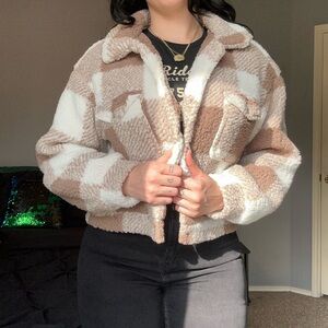 SHEIN Brown and Cream Checkered Teddy Jacket